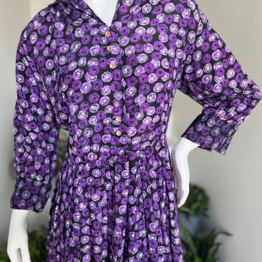 Glorious Mid Century Abstract Print Day Dress, Great Details, Voluptuous, 42" bust Vintage 
