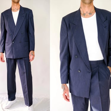 Vintage 80s Pierre Cardin Black & Navy Blue Striped Textured Double Breasted Suit | Made in USA | 100% Wool | 1980s French Designer Suit 