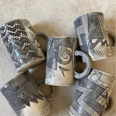 Sale~ 5 Handmade Porcelain Pottery Folded Mugs~ Ripple, Zig Zag, Reptile, Waves, Swirls Stoneware Clay Art 12oz, Coffee Cups, Artist ASH 95” 