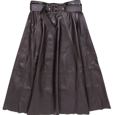 Arma - Brown Leather Belted A-Line Midi Skirt Sz M