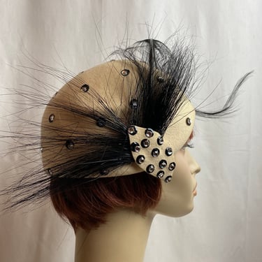 Vintage 1960’s /20’s insp hat special occasion abstract flapper show stopper feather rhinestones statement hat cloche 