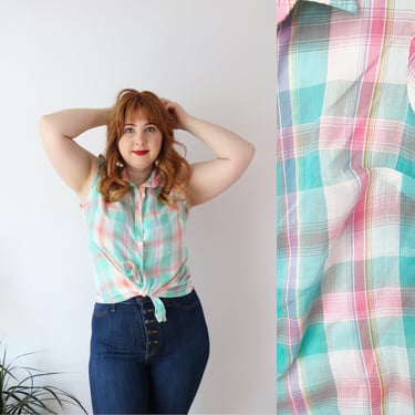 SIZE L/XL Vintage Pastel Plaid Button Up Shirt - Sleeveless Tank Top Sheer Soft Plaid Cotton Shirt - Summer Mint Green 