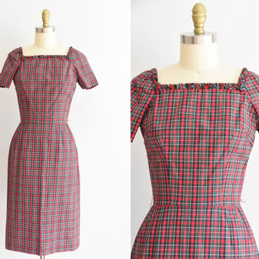 1950s Twelve Days of Christmas dress/ vintage 50s wiggle dress/ wiggle cotton holiday dress 