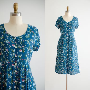 blue floral dress 90s vintage cottagecore teal floral midi dress 