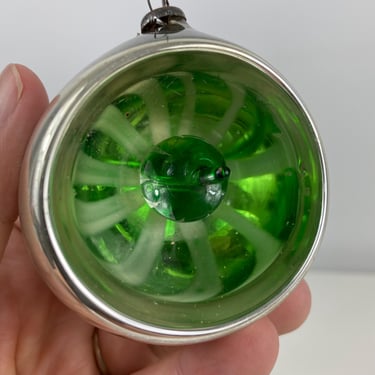 Vintage Blown Glass Indent Reflector Kaleidoscope Christmas Ornament, Green liquid Filled Orb, Green Silver Kaleidoscope hand blown ornament 