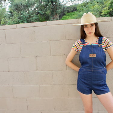 Ely Overalls // vintage 70s denim romper jean jumpsuit high waist boho hippie jeans shorts dress overall 1970s // XS S 24 25 27 28 