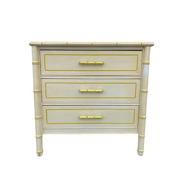 Faux Bamboo Nightstand with 3 Drawers 30" Tall - Vintage White & Yellow Wooden Bedside Table Chest Hollywood Regency Coastal Furniture 