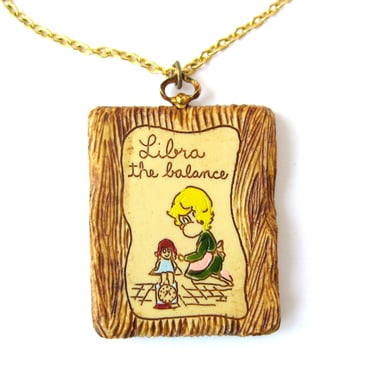 L. Razza Signed LIBRA Zodiac Pendant, Vintage Costume Jewelry, Resin Storybook Pendant, October Birthday, Luce Razza Jewelry, Gift for Her 