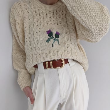 Vintage Floral Embroidered Fisherman Wool Sweater