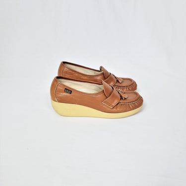 Vintage SAS Tan Leather 1970's Wedge Loafer Shoes I Sz 6 