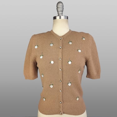 1950s Cardigan / 1950s Bouclé Knit Rhinestone & Studded Cardigan / Short Sleeve Sweater / Size Small Medium 