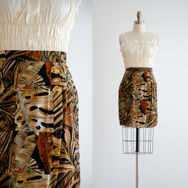 vintage mini skirt 90s Alberto Makali brown black tropical monstera leaf pattern short wrap skirt 