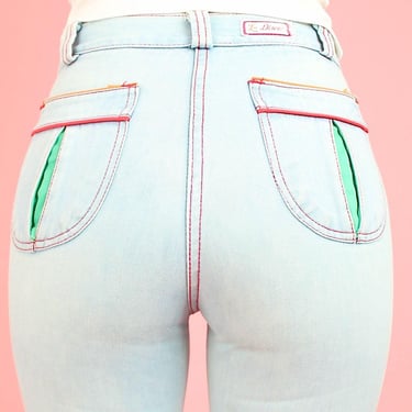 Vintage 70's Bell Bottoms Jeans by Le Disco  // High Waist 1970s Denim // Light Denim Hippie Flare 25 