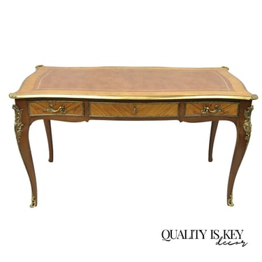 Vintage French Louis XV Style Walnut Leather Top Bronze Ormolu Writing Desk