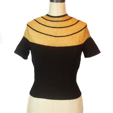 1940s Blouse ~ Gold Lurex and Black Rayon Knit Top Blouse 