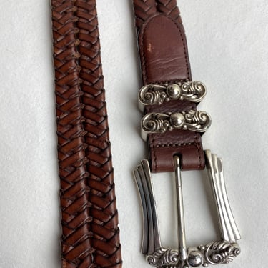 90’s woven Leather belt Brighton braided leather belt chunky ornate silver buckle skinny boho trouser belt~ size 30 open size 32 