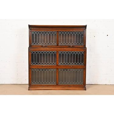 Antique Arts & Crafts Oak Three-Stack Barrister Bookcase With Leaded Glass Doors, Circa 1900