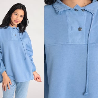 Cornflower Blue Sweatshirt 90s Polo Sweatshirt Drawstring Neckline Long Sleeve Shirt Slouchy 1990s Vintage Pullover Medium 
