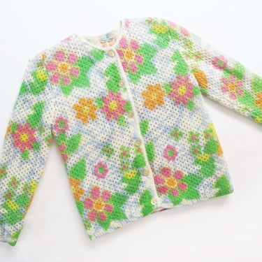 Vintage 60s Floral Cardigan S - 1960s Sidney Gould Flower Print Womens Cardigan - Colorful Rockabilly Pin Up Cardigan 