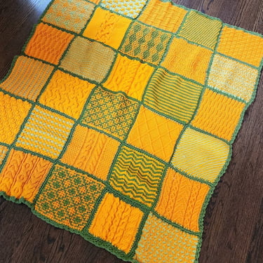 60s Granny Square Blanket in Orange and Green Crochet Knit 
