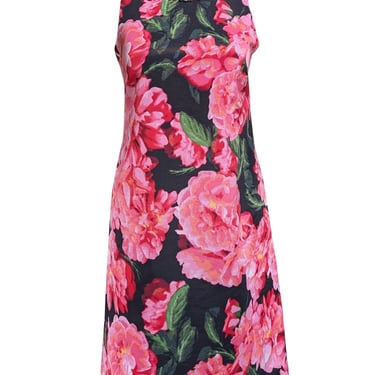 Eliza J - Pink & Black Large Floral Print Dress w/ Jewel Embellished Neckline Sz 4