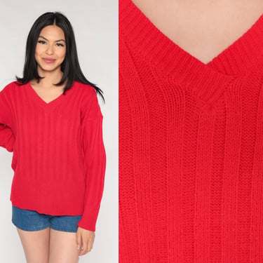 Red Knit Sweater 80s Plain Ribbed Pullover Sweater Retro Slouchy V Neck Simple Basic Fall Sweater Vintage 1980s Acrylic Large 