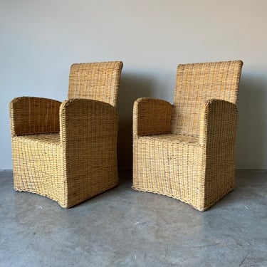 Vintage Organic Boho Chic Woven Rattan Arm Lounge Chairs - a Pair 