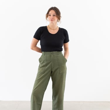 Vintage 32 Waist Olive Green Army Pants | Unisex Cotton Poly Utility Fatigues Military Trouser | Zipper Fly | F462 