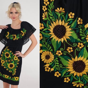 Sunflower Dress 90s Black Floral Mini Dress Mexican Embroidered Sundress Lace Trim Short Sleeve Summer Day Vintage 1990s Cotton Small Medium 