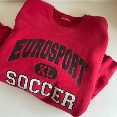 Vintage 90s Eurosport Soccer Heavyweight Red Cotton Oversized Crewneck Sweatshirt 