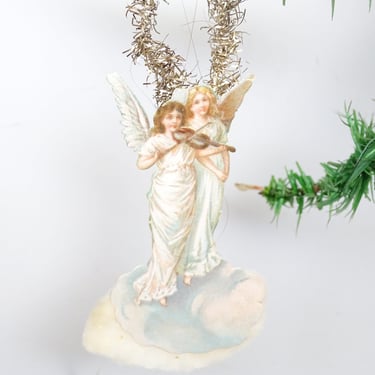Early 1900's  Antique German Victorian Die Cut and Tinsel Christmas Angel Scrap with Cotton Cloud, Vintage  Ornament 