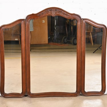White Furniture French Provincial Louis XV Carved Cherry Wood Triple Mirror, Circa 1960s