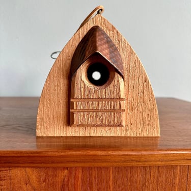 Vintage artist birdhouse made of copper and wood / Alan Buss handmade hanging bird habitat with leather strap 
