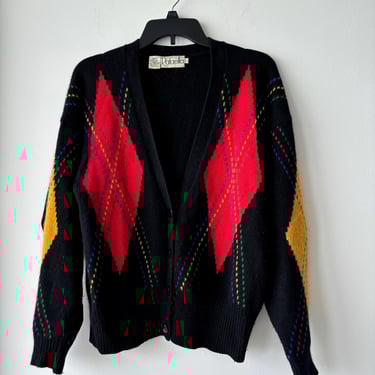 80s Vintage Rafaella Cardigan Sweater Angora Lambswool Black Red Womens Large Grandpa 