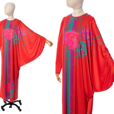 Vintage 1970s 1980s Maxi Dress | 70s 80s Floral Striped Print Red Jersey Avant-Garde Tropical Loungewear Hawaiian Kaftan (x-small to large) 