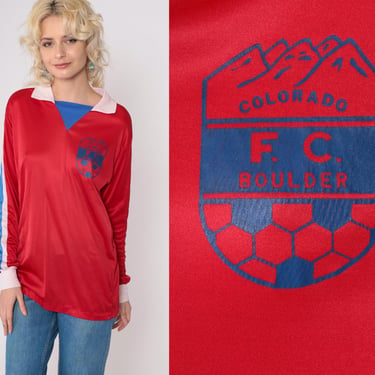 Vintage Colorado FC Boulder Soccer Jersey 80s Long Sleeve Red Blue Striped Collar Shirt 1980s Distressed Mountain Graphic Medium 