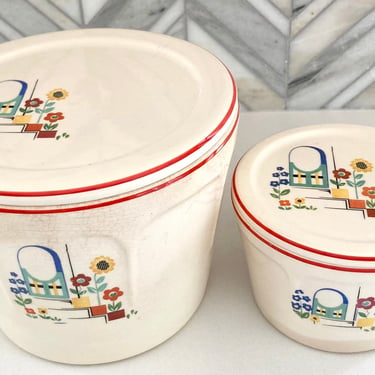 Universal Cambridge Refrigerator Leftover Dishes with Lids, Round Stacking Bowls, Flower Pot Pattern, Art Deco, Vintage Kitchen, Red Band 