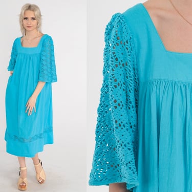 Turquoise Blue Tent Dress 90s Cutout Lace Cotton Midi Dress Cut Out Bell Sleeve Trapeze Hippie Summer Tiered Vintage 1990s Medium M 