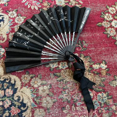 Antique Victorian folding hand fan | romantic, goth, dark aesthetic, hand painted black silk fan 