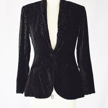 Vintage 1990s Burnout Velvet Jacket by Norma Kamali | S | Black Devore Velvet Blazer 