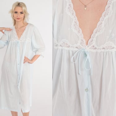 Vintage Nightie Pastel Blue 90s Pajama Dress Semi-Sheer Lace Nightgown Button up Robe Midi Lingerie Lounge Short Sleeve Retro 1990s Large L 