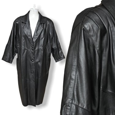 Women’s Plus Size Black Leather Coat 80’s Long Leather Trench 2XL 