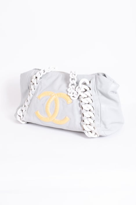 Vintage CHANEL Gray Leather Modern Chain Rhodoid East West Tote with Yellow CC Logo Calfskin Resin Large Hobo Y2K 