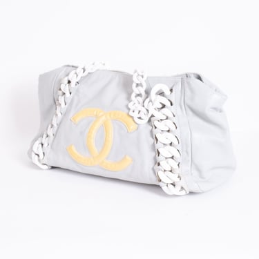 Vintage CHANEL Gray Leather Modern Chain Rhodoid East West Tote with Yellow CC Logo Calfskin Resin Large Hobo Y2K 