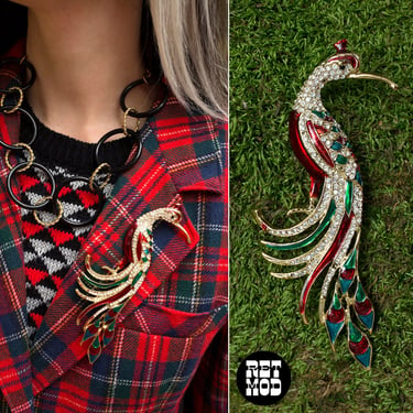 Fabulous Large Statement Red Green Blue Gold Peacock Bird Brooch 