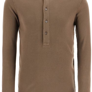 Tom Ford Henley T-Shirt In Moss Green Modal Cotton With Mother-Of-Pearl Buttons Men