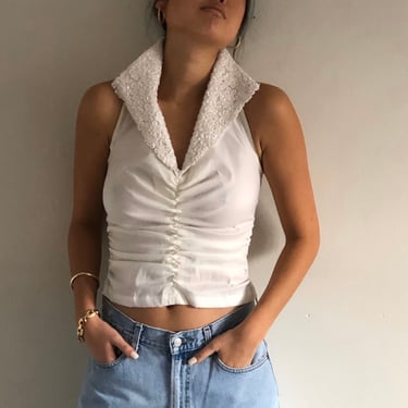 90s cropped blouse / vintage white embellished beaded Elvis collar ruched taffeta sleeveless crop top blouse / Tadashi Neiman Marcus | Small 