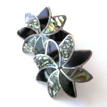 Vintage Sterling Abalone Flower Earrings from Mexico, Taxco Jewelry, Sterling Abalone and Onyx Screw Back Earrings, Boho Chic Hippie Style 