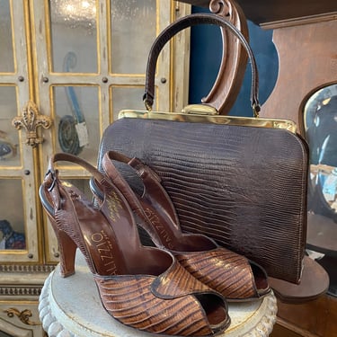 1940s alligator shoes, purse and heels set, peep toe, vintage shoes, rockabilly, palizzio, slingback, brown reptile pumps, size 7, handbag 