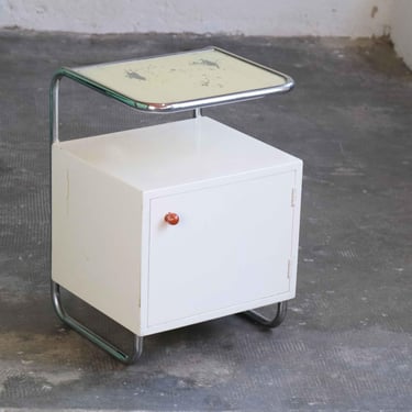 White Art Deco tubular steel bedside table with glass top 